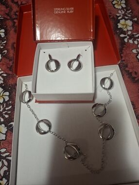 Elle Sterling Silver Circular Link Necklace and Earrings Set